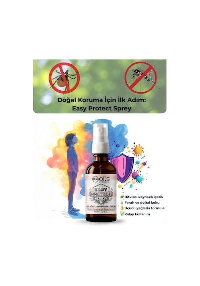Kaoils Easy Protect Doğal Ortam Spreyi 50 Ml - Sivrisinek, Kene, Akar Ve Haşerelere Karşı Doğal Koruma / 100% Pure Essential Oil Blends / Palmarosa, Tarçın, Çay Ağacı