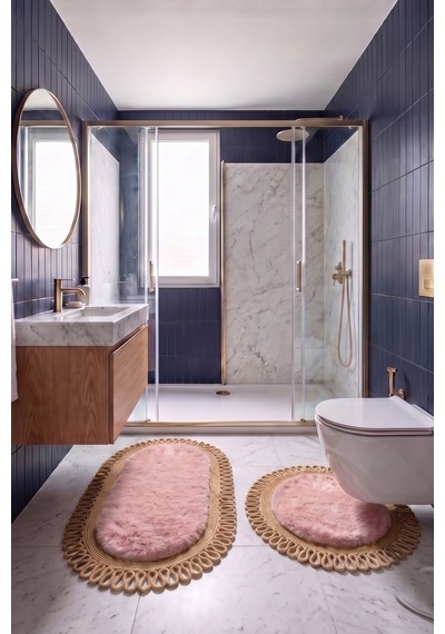 Banyo Paspası Takımı 60x100+60x60 Cm Dış Trikot Pembe & Camel