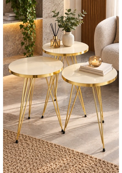 Sulorahome Gold Krem Zigon Sehpa Seti Sehpalar Krem Ayakları Gold