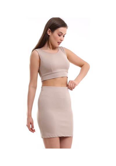 Winmoda34 Kadın Etek-crop 2li Takım Fitilli Kumaş Full Likralı Bej