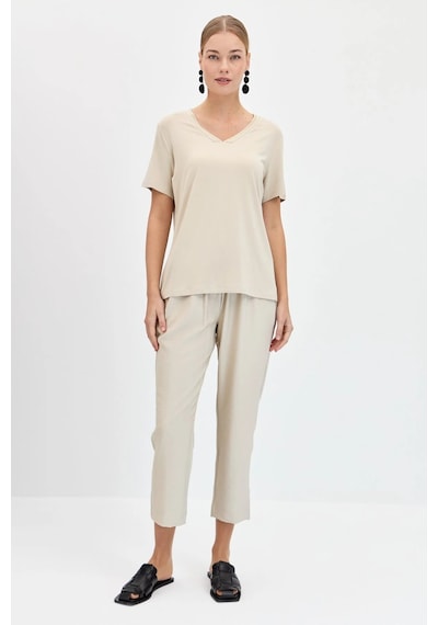 Desen Triko Kadın V Yaka Yakası Simli T-shirt Kmy24039 Vizon