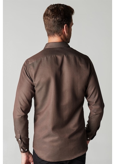 Tudors Modern Slim Fit Dar Kesim Armürlü Erkek Gömlek-25752 Kahverengi