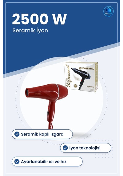 Saç Kurutma Makinesi Kırmızı 2500w Profesyonel Fön Seramik İyon A