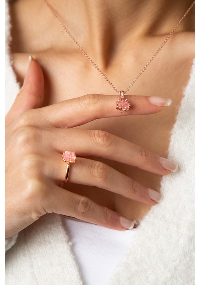 Kadın Rose Altın Kaplama Pembe Taşlı Lotus Çiçeği Kolye Yüzük  Set Rose Gold