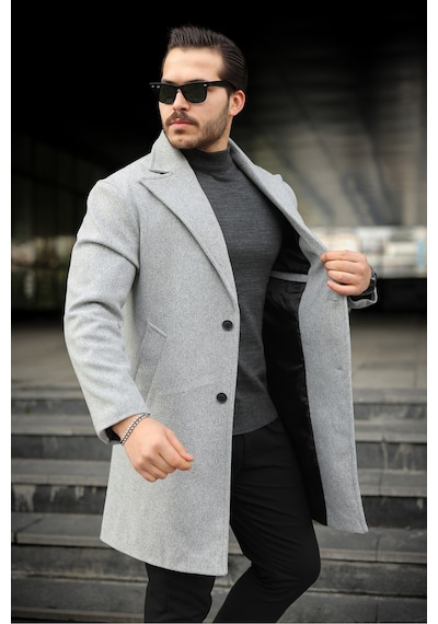 Slim Fit Astarlı Uzun Kaşe Kaban Orta Gri