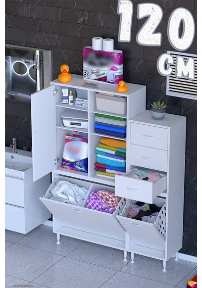 Liyan 120 Cm Çok Amaçlı Dolap Banyo Mutfak Ve Kiler Dolabı Beyaz 75+45 X160x32,5 Cm