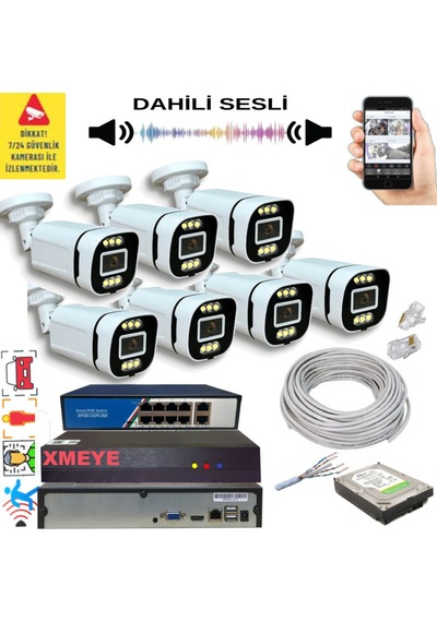 7 Li Yapay Zeka Destekli 5 Mp Görüntü Poe Bağlantılı Sesli 6 Warm Led Gece Renkli Ip Kamera Seti 4386ws