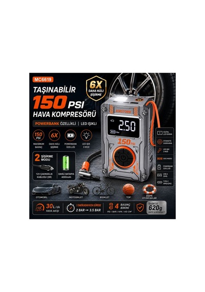Taşınabilir Hava Kompresörü 150 Psı 4000mh Powerbanklı Dijital Lastik Şişirme Pompası Led Işıklı