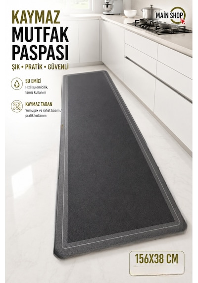 Mainshop Mutfak Tezgahı Önü Banyo Paspası Kaymaz Tabanlı Su Emici Paspas Yazısız Gri Model 158x38cm M-9 Çok Renkli