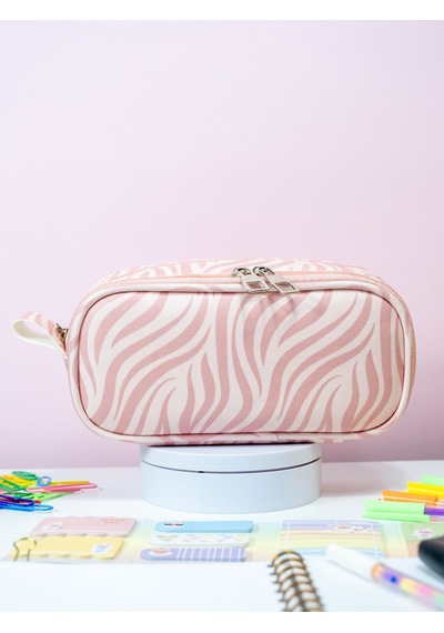 Kalem Kutusu Oval Tasarım İki Bölmeli Zebra Pembe Temalı Vegan Deri Kalemlik Onesize