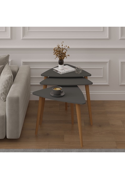 Asra Trend 3'lü Üçgen Zigon Sehpa Takımı SEHPA02 %100 MDF Ahşap Ayaklı Antrasit