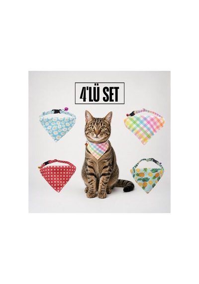 Desenli Bandana Kedi Tasması 4'lü Tam Set