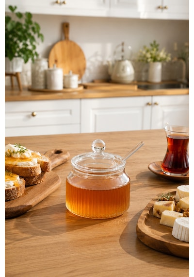 Porsima Lm-0018 Kaşıklı Kapaklı Cam Şekerlik Sunumluk Bal Ve Reçel Kavanozu Saklama Kabı 200ml Şeffaf
