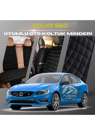 Volvo S60 Siyah Renk Tay Tüyüü Cepli & Terletmez Sırtlı Oto Koltuk Minder Seti - Koltuk Koruma Kılıfı Ön & Arka Tam Set