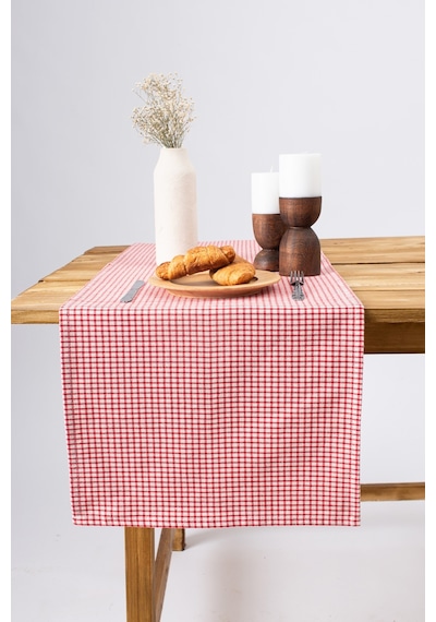 Doku Keten Piti Kareli Kırmızı Runner - Piknik Örtüsü 40 x 150 CM Kırmızı