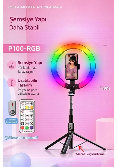 Rgb Halka Işık Uzun Tripod Selfie Çubuğu 1.9m-1200 Mah Şarjlı Kumandalı Ring Light Telefon Tutucu
