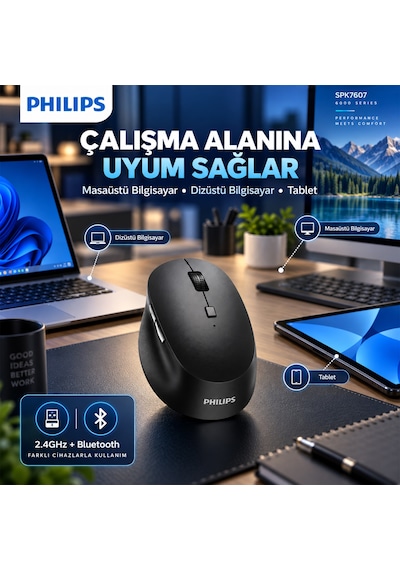 Philips SPK7607 Kablosuz 2.4GHz + Bluetooth 3200 DPI 7 Tuşlu Sessiz Mouse