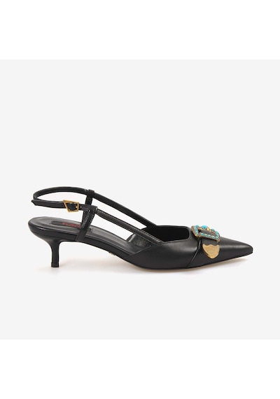 Rouge Kadın Taşlı Toka Detaylı Slingback Sivri Burun 6cm Topuklu Ayakkabı 7124 Siyah