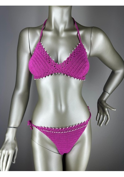 İvita Açık Mor İnci Detaylı Çok Tarz El Yapımı Tığ Örgüsü Bikini Mor