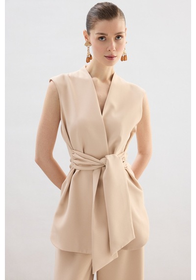 Sateen Kalın Kuşaklı Yelek - Bej-136857 Bej