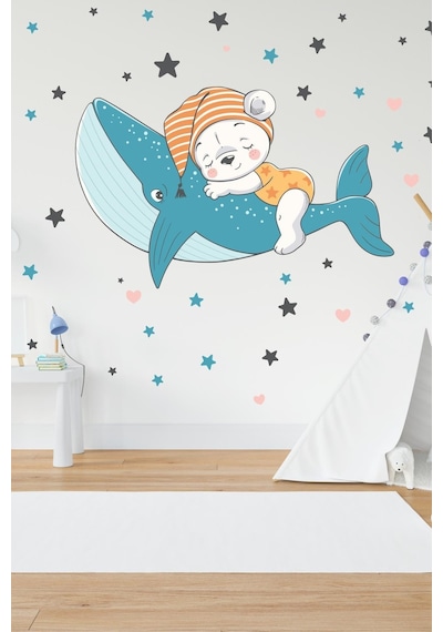 MSticker Balinada Uyuyan Ayıcık Ve Yıldızlar Çocuk Bebek Odası Sticker Seti