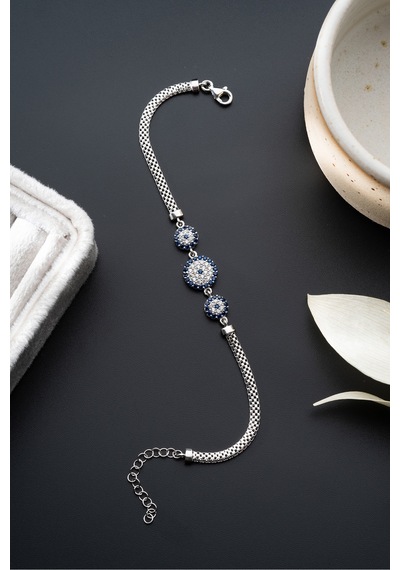 Çekirdekjewelry Gümüş Nazar Boncuklu Bileklik 925 Ayar Zirkon Taşlı Modern Kadın Takısı Gri