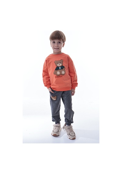 Erkek Çocuk Hayvan Figürlü Turuncu Sweatshirt Ve Gri Eşofman Takımı Yumuşak Kumaş, Rahat Kalıp Takım Turuncu Erkek Çocuk Hayvan Figürlü Turuncu Sweatshirt Ve Gri Eşofman Takımı Yumuşak Kumaş, Rahat Kalıp Takım Turuncu