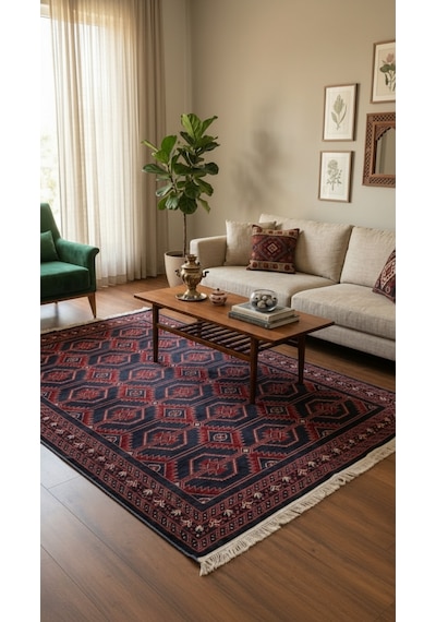 Nakış Serisi Lacivert Kırmızı Geometrik Motifli Şık Salon Halısı Af316 Navy Çok Renkli