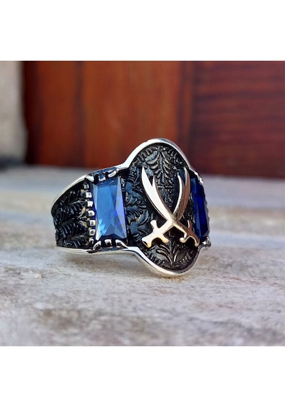 Fkgümüş Mavi Taşlı Hz. Ali Kılıcı Erkek Yüzük