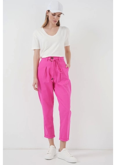 Defymoda 6660 Kemerli Keten Pantolon - Fuşya Fuşya