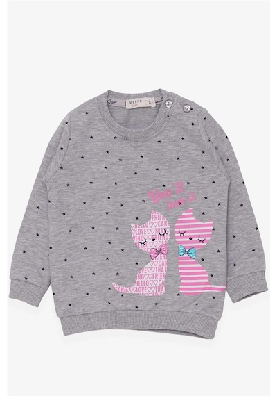 Breeze Kız Bebek Sweatshirt Mutlu Kedicikler 4 Ay-1.5 Yaş, Gri Melanj-gri Melanj Gri Melanj