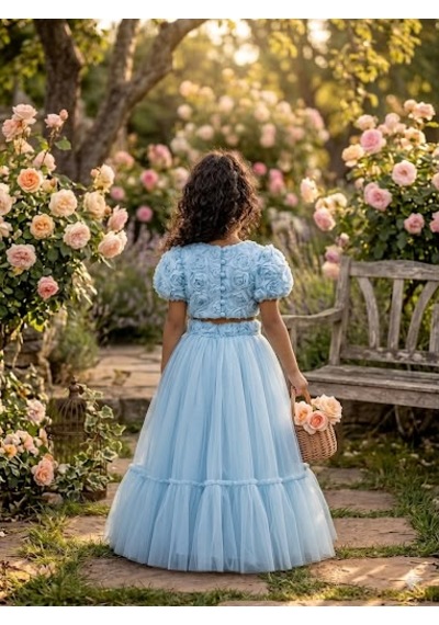 Star Kids Fashion Kız Çoçuk Mavi Gül Detaylı Crop Elbise,kız Çoçuk Abiye, Parti Elbisesi Açık Mavi