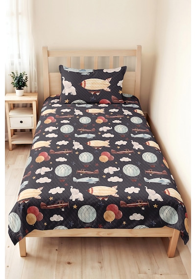 Evimde Bambaşka Uçak Balon Lacivert Çocuk Odası Tek Kişilik Pike Takımı - Bulutlu Retro 160x220  CM Yatak Örtüsü