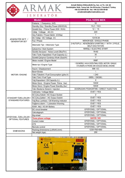 Armak PDA-16500 MEK 16.5KVA Dizel Monofaze Kabinli Portatif Jeneratör