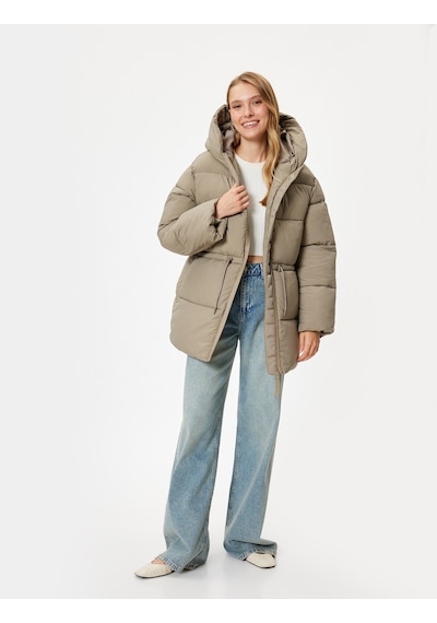 Koton Kapşonlu Şişme Mont Oversize Cepli Fermuarlı Vizon 5wak00171ew Vizon