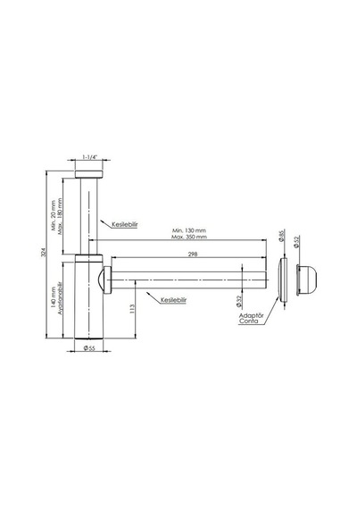 Moon Ayarlanabilen Lavabo Sifonu Siyah Taşmasız 300mm Başlıklı Abs