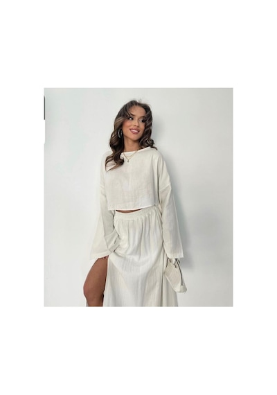 Unika Boutique Ham Keten Bohem Bluz Etek Takım beyaz
