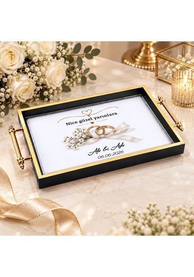 Bk Gift Kişiye Özel Siyah&gold Söz Nişan Tepsisi-3 - 39x23 Cm Çok Renkli