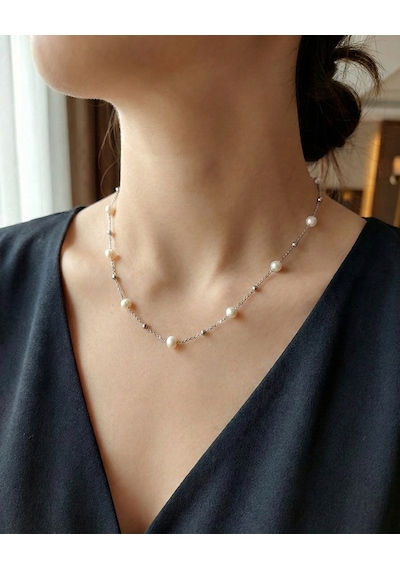 Gerçek Kültür İncisi Dorika Detaylı Gümüş Renk Çelik Kolye 40cm Kararmaz Gümüş