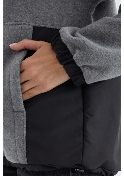 Tommy Life Gri Melanj Yarım Fermuar Etek Ucu Büzgülü Dik Yaka Oversize Kadın Polar Sweatshirt - 97236 Gri Melanj