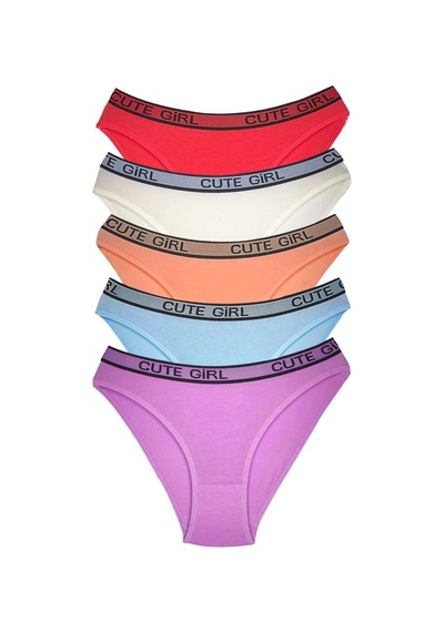 Royaleks 5 Adet Beli Yazılı Pamuklu Kalın Lastik Kadın Slip Külot Çok Renkli