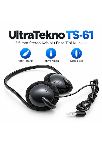 Ultratekno Ts-61 3.5mm Stereo Ense Kulaklık Kablolu Kulak Arkası Mp3 Pc Laptop Telefon