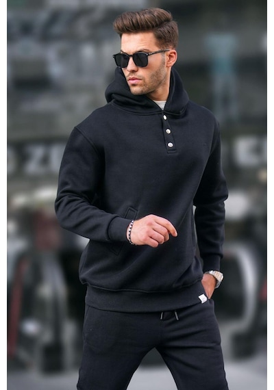 Madmext Siyah Kapüşonlu Düğme Detaylı Sweatshirt 6150-siyah Siyah