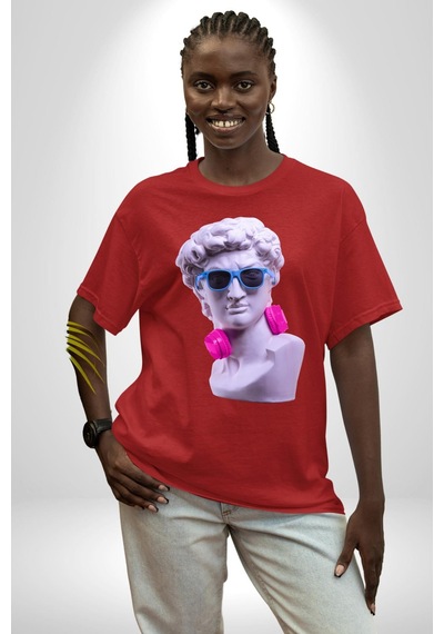 Kulaklık Gözlük Pop Art Heykel Pamuklu Bisiklet Yaka Unisex Oversize Boyfriend Dijital Baskılı Kırmızı T-shirt Kırmızı