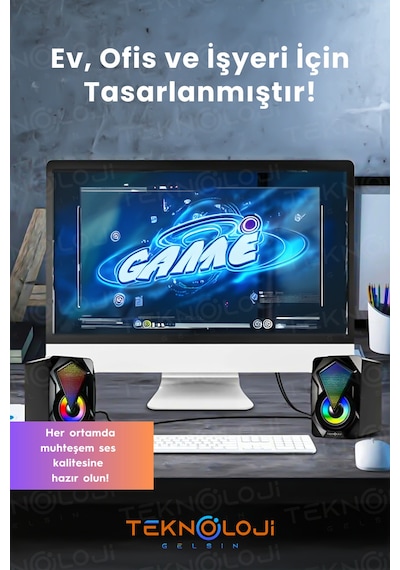 Bilgisayar Hoparlörü Led Işıklı Rgb Laptop Pc Uyumlu 1+1 Speaker