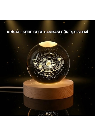 Mey İthalat Led Işıklı Kristal Küre Ahşap Standlı Dekoratif Gezegen Model
