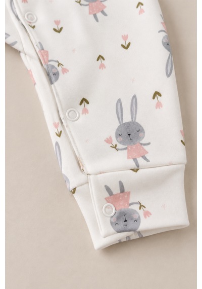 Luppinos Soft Dream Geniş Kalıp %100 Pamuk Tavşan Baskılı Çıtçıtlı Tulum Beyaz