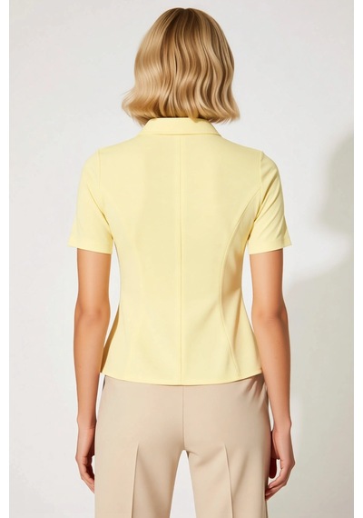 Benerly Kadın Bluz Peplum Polo Yaka Kısa Kol İnterlok Örme Düz Desen Yarı Sarı