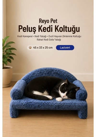 Reyo Pet Peluş Kedi Koltuğu Kedi Kanepesi Kedi Yatağı Evcil Hayvan Dinlenme Koltuğu Rahat Kedi Sofa Yatağı 45 x 33 x 25 CM Lacivert