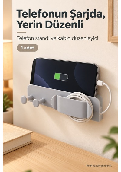 Kablo Düzenleyici Ve Telefon Şarj Standı Delmeden Yapışkanlı Askılı